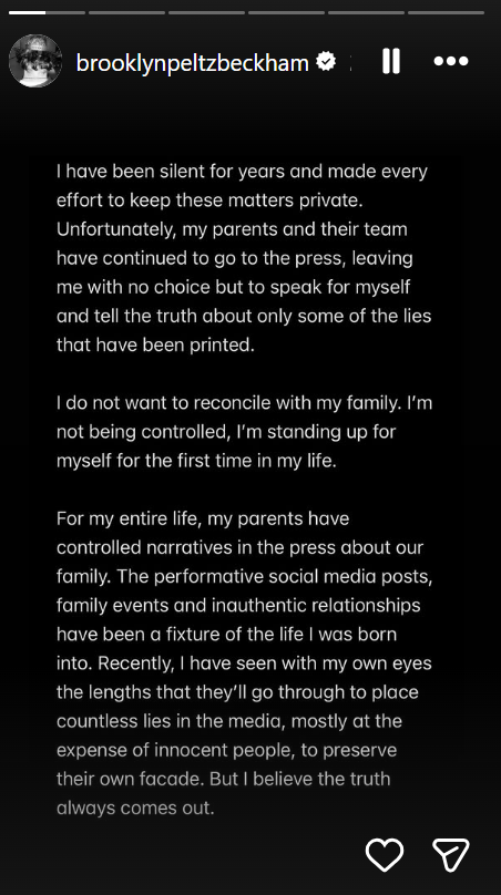 Parte del comunicado emitido por Brooklyn Beckham en Instagram. Foto: Captura de pantalla/@brooklynpeltzbeckham