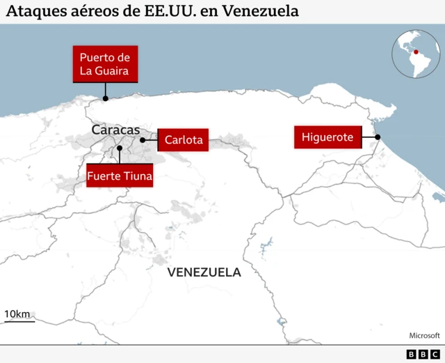 Mapa de los ataques de EE.UU. en Venezuela. Se localizan los puntos: 

La Base Aérea Generalísimo Francisco de Miranda, un aeródromo conocido como La Carlota.

El Fuerte Tiuna, una instalación militar clave en Caracas.

El puerto La Guaira, la principal vía de acceso de Caracas al mar Caribe.

El aeropuerto de Higuerote, también situado en el estado de Miranda, al este de Caracas.