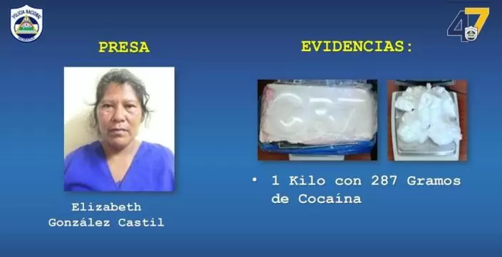 Elizabeth González Castil, de 48 años, detenida con 1 kilogramo con 287 gramos de cocaína. Foto: Policía Nacional.