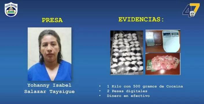 Yohanny Isabel Salazar Taysigüe, de 40 años, detenida tras incautarle 1 kilo con 500 gramos de cocaína. Foto: Policía Nacional.