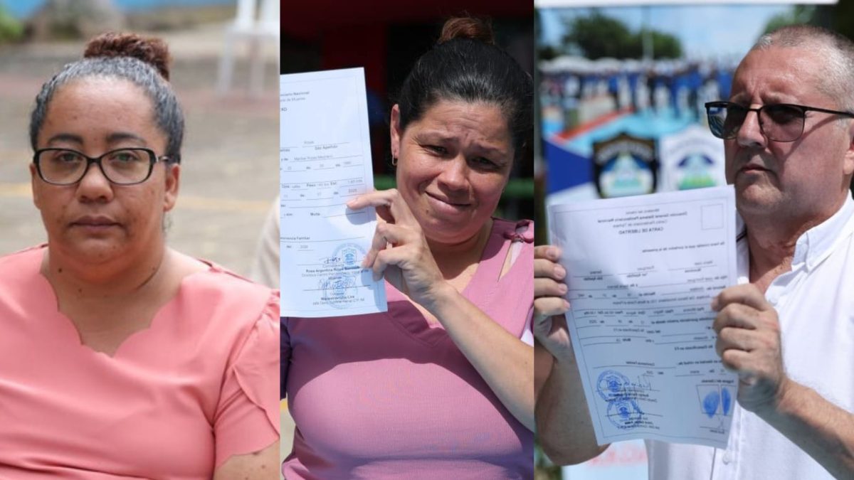 De izquierda a derecha María José Rojas, Olga María Lara Rojas y Mario Rodríguez Serrano, reos de conciencia liberados este 10 de enero por la dictadura Ortega-Murillo. Fotos: Tomadas de medios oficialistas.