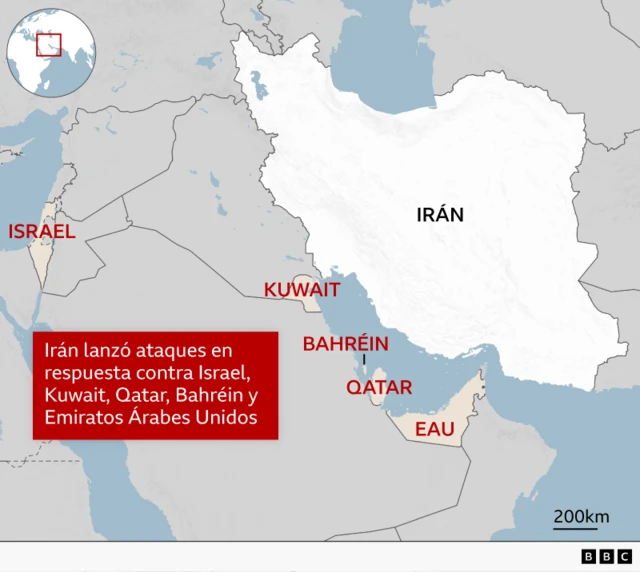 Mapa regional de Medio Oriente que subraya los países que han recibido ataques como respuesta por parte de Irán