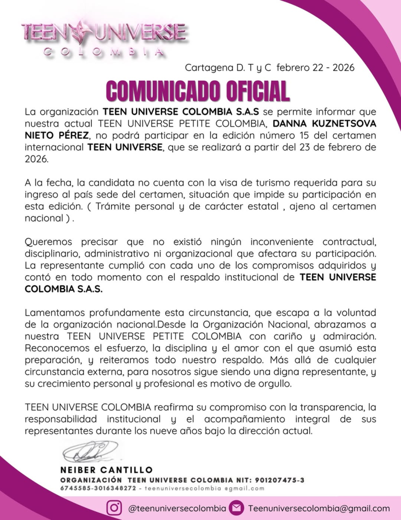 Comunicado sobre la ausencia de Miss Teen Petite