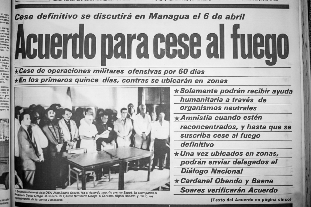 Portada del diario Barricada del jueves 24 de marzo de 1988, donde se anuncian los acuerdos firmados en Sapoá entre el régimen sandinista y la Contra. LA PRENSA / ARCHIVO