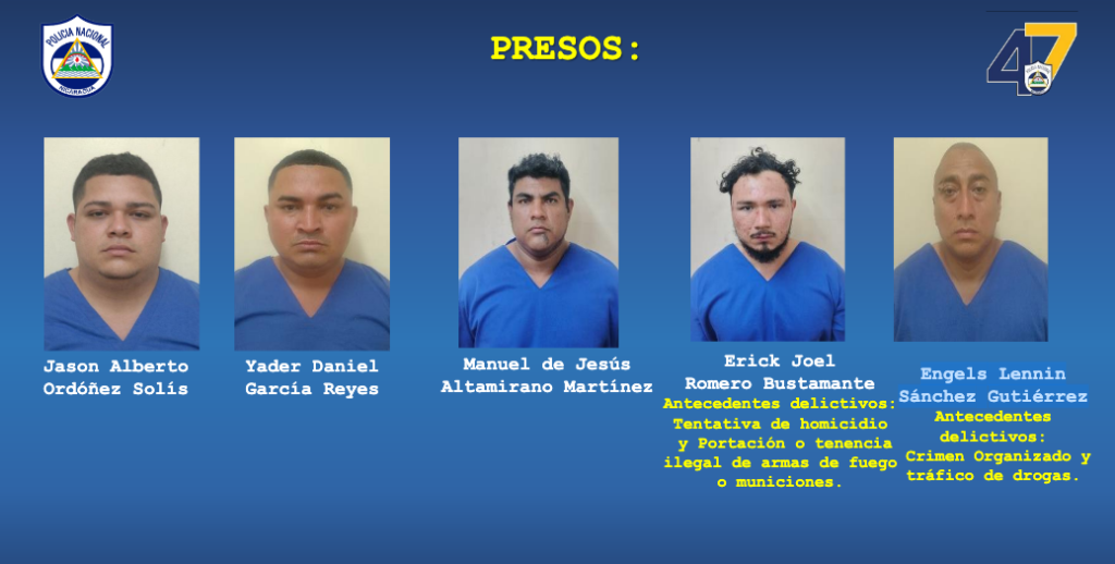 Policía presenta a cinco sujetos detenidos con cargamento de droga tras enfrentamiento armado en Nandaime donde murió uno de sus compinches. Foto: Policía Nacional.
