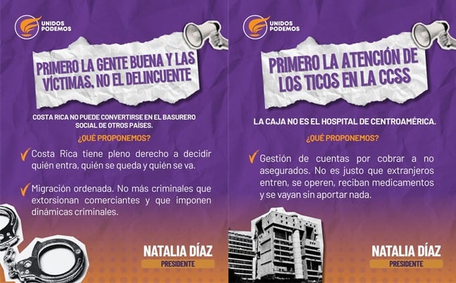 Dos de los afiches de la campaña presidencial de Natalia Díaz en contra de los migrantes. LA PRENSA/ REDES SOCIALES