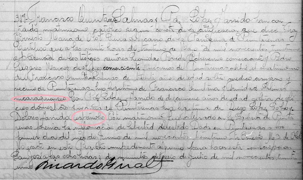 Inscripción en el Registro Civil de Costa Rica en el que se observa que los bisabuelos maternos de Natalia Díaz, Francisco Quintana Salinas y Paz López Garridos, eran hijos de extranjeros, él de nicaragüenses y ella de españoles. LA PRENSA/ CORTESÍA