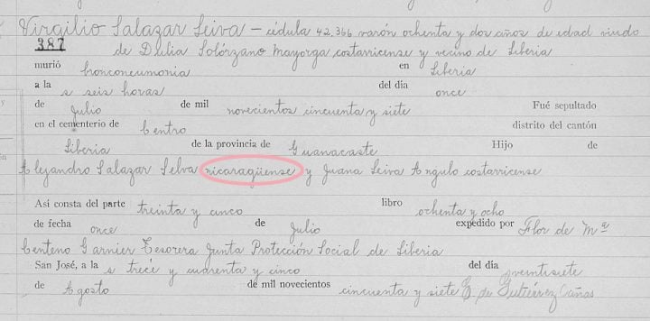 Inscripción en el Registro Civil de Costa Rica en el que se observa que Virgilio Salazar Leiva, bisabuelo paterno de Natalia Díaz, era hijo de un nicaragüense. LA PRENSA/ CORTESÍA