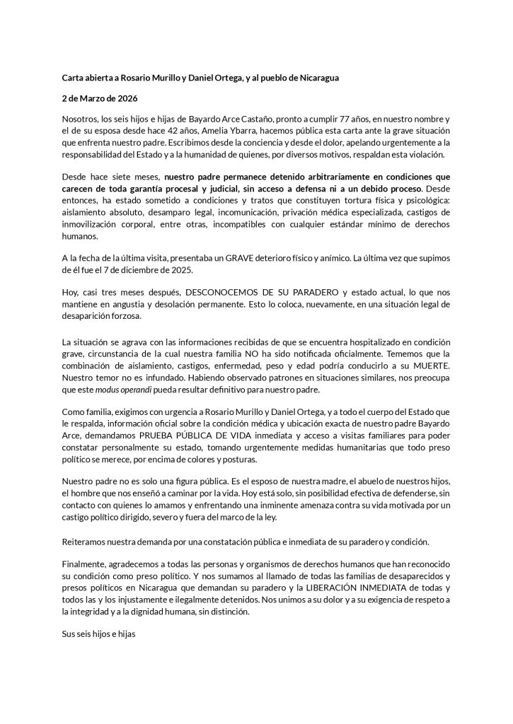 Carta de hijos de Bayardo Arce a dictadura Ortega - Murillo