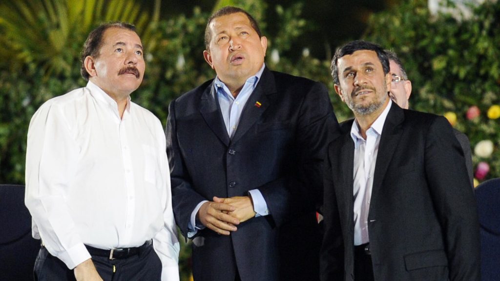 Daniel Ortega with Mahmud Ahmadinejad and Hugo Chávez at his inauguration in 2012.