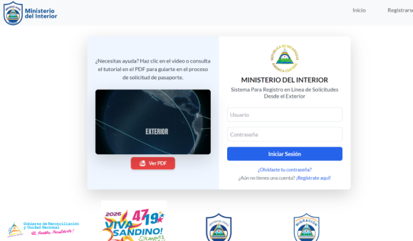 Migración y Extranjería de Nicaragua habilita trámite de pasaporte en línea para nicaragüenses que estén en el exterior. Foto: Captura de pantalla página del MINT.