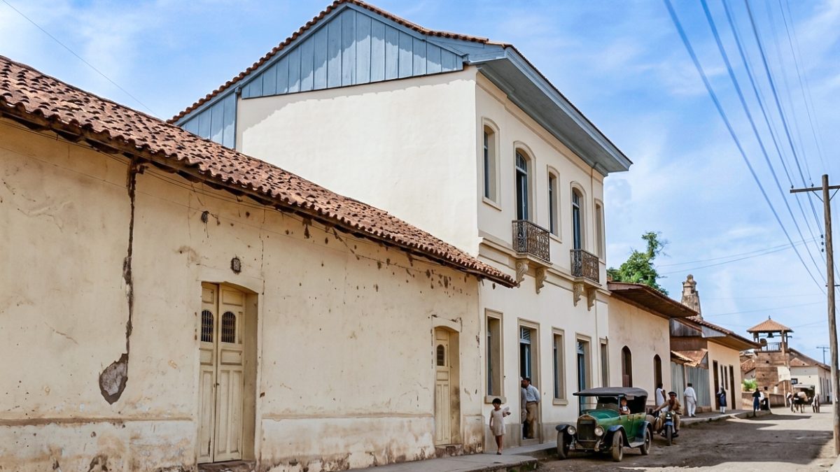 Una calle del barrio San Antonio, de este a oeste, donde se aprecia parte del templo católico del mismo nombre y su humilde campanario de madera