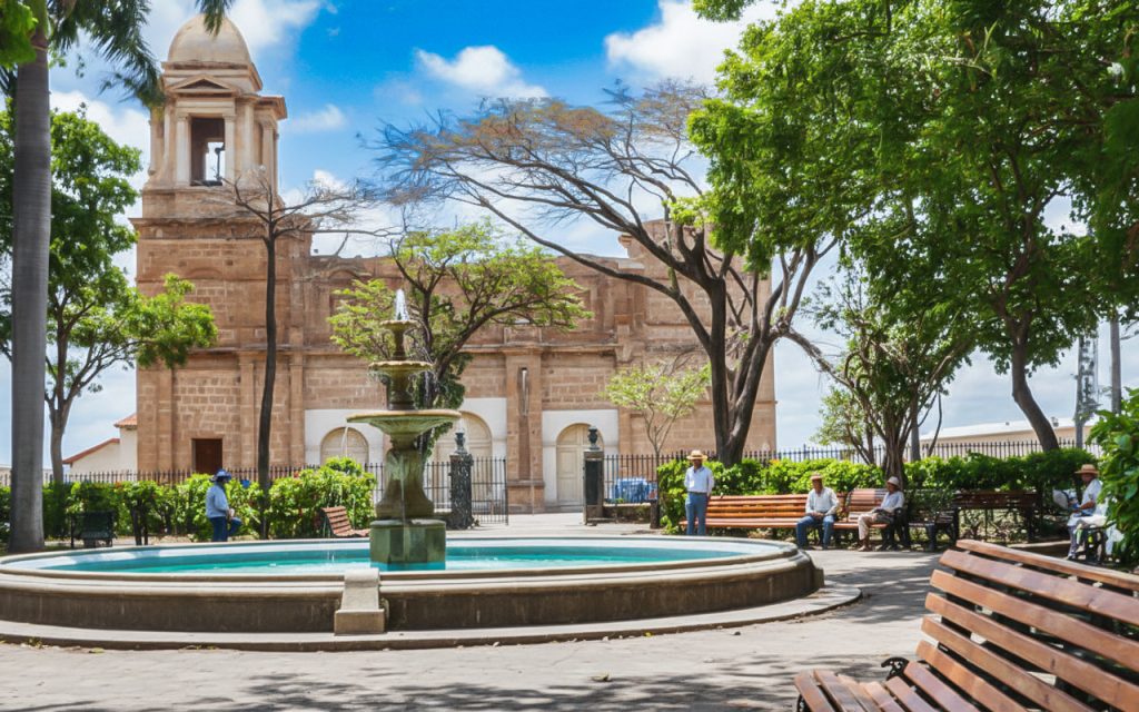 La fuente del parque central y, al fondo, el templo “La Parroquia”, construido en 1783 y demolido en 1926. Tuvo una duración de 143 años y sobrevivió a los terremotos del 11 de julio de 1855 y del 29 de abril de 1898. 