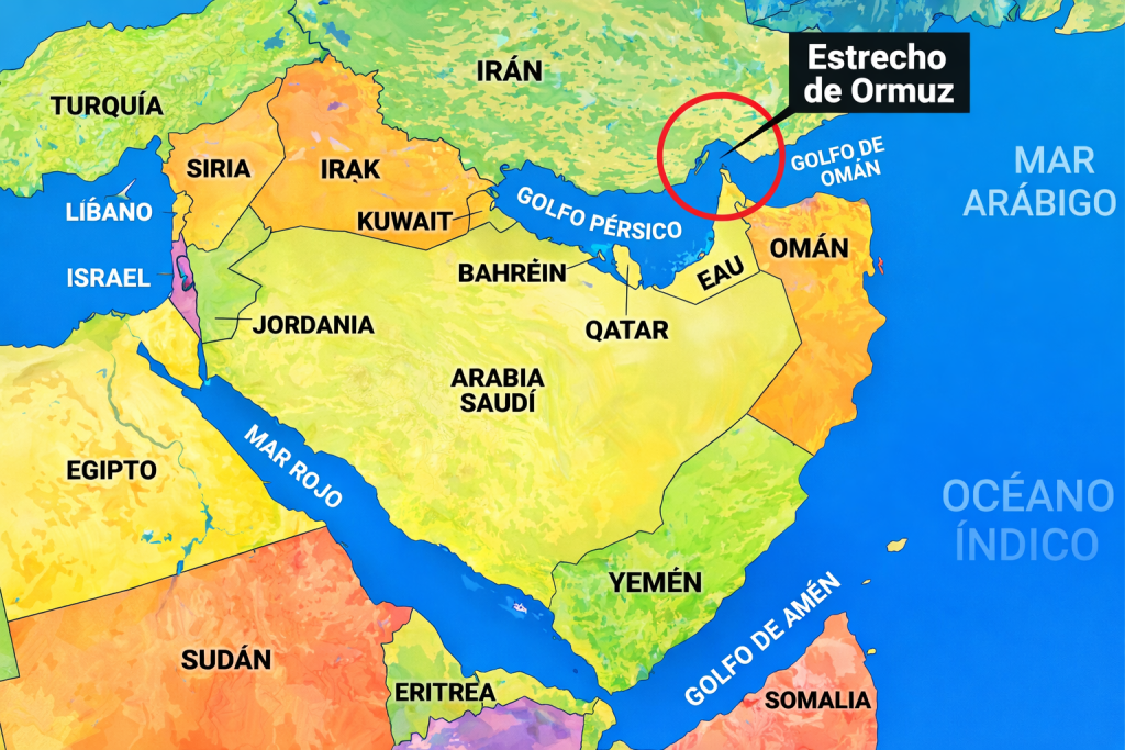 Mapa del estrecho de Ormuz. La mayoría de los países que bordean el Golfo Pérsico solo tienen esta ruta para salir al océano Índico a través del mar Arábigo.