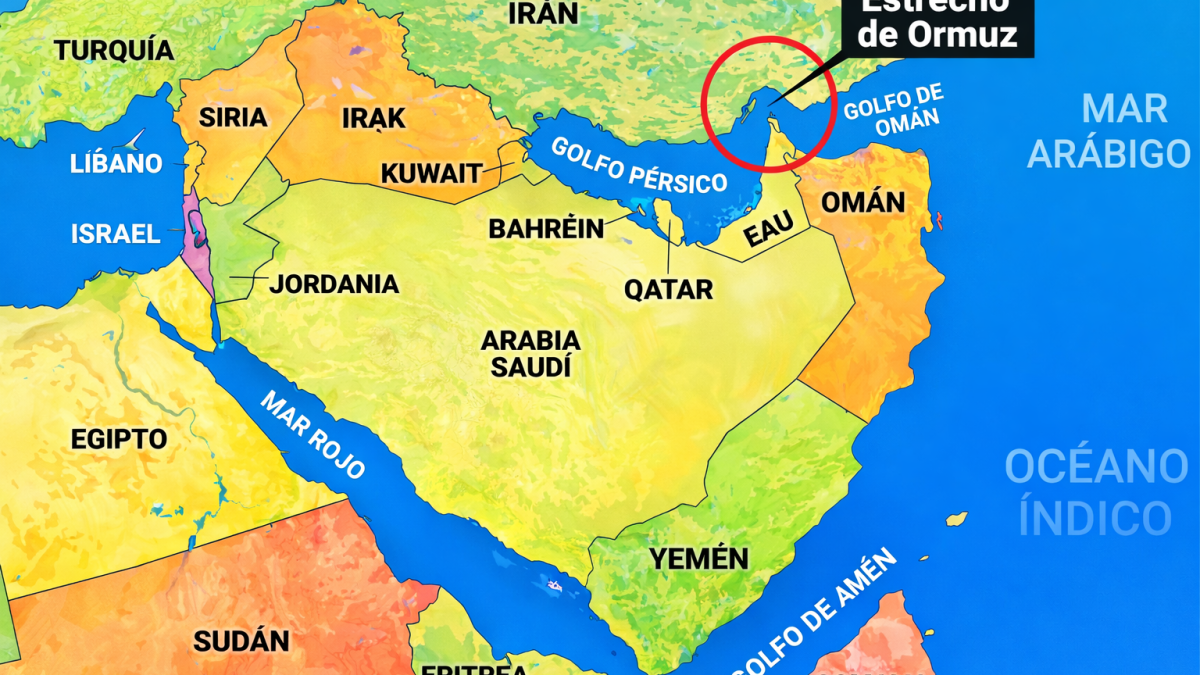 Mapa del estrecho de Ormuz. La mayoría de los países que bordean el Golfo Pérsico solo tienen esta ruta para salir al océano Índico a través del mar Arábigo.
