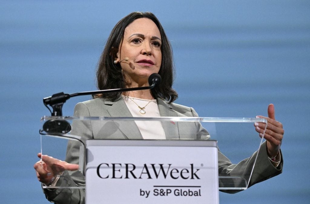 María Corina Machado dio el martes un discurso en el foro mundial de energía CERAWeek en Houston, Estados Unidos. AFP/ RONALDO SCHEMIDT / AFP
