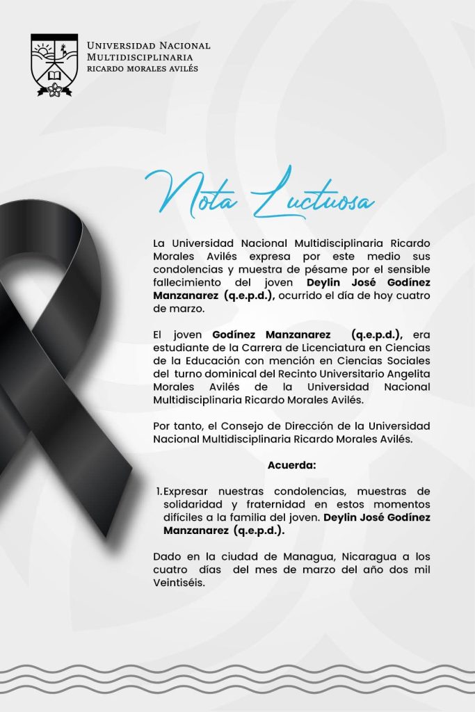 Noto luctuosa sobre el fallecimiento del director Deylin José Godínez Manzanares. Tuvo un accidente en su motocicleta. Foto: Universidad Nacional Ricardo Morales Avilés/Facebook.