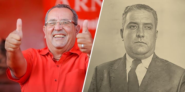 El caudillo liberal Arnoldo Alemán Lacayo, a la izquierda, y su padre, el senador somocista Arnoldo Alemán Sandoval, a la derecha. LA PRENSA/ ARTE