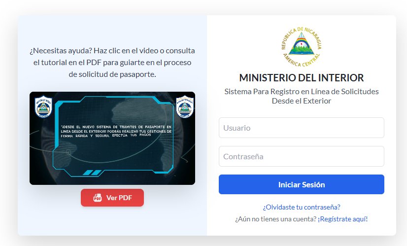 Migración y Extranjería de Nicaragua habilita trámite de pasaporte en línea para nicaragüenses que estén en el exterior. Foto: Captura de pantalla divulgada por el INTUR.