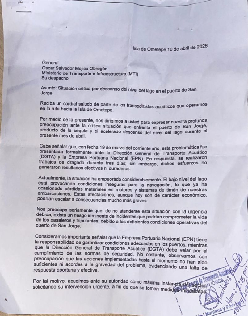 Carta enviada a Óscar Mojica, titular del Ministerio de Transporte e Infraestructura