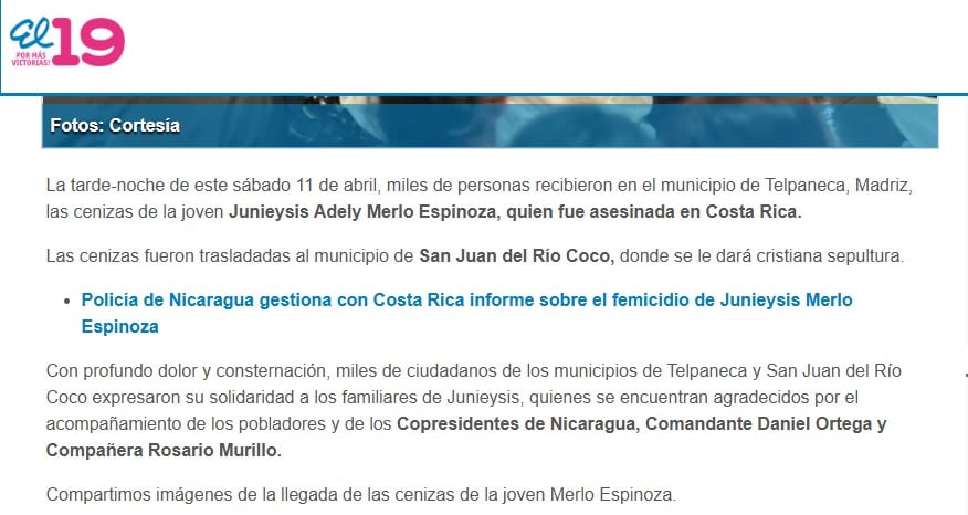Cobertura del portal 19 Digital sobre el caso de la nicaragüense Junieysis Merlo Espinoza