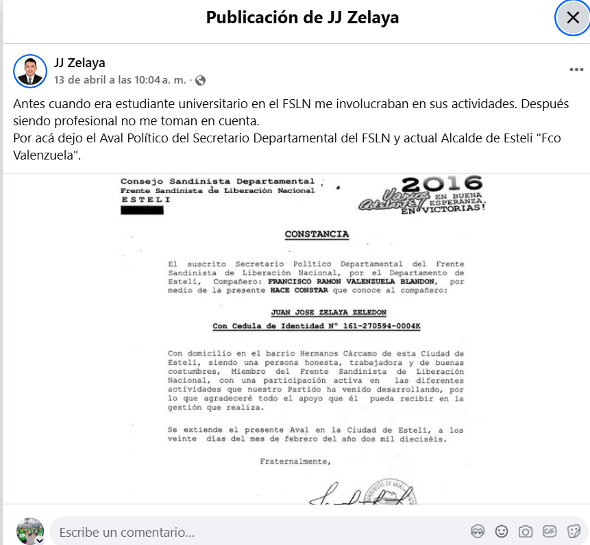 Ejemplo de aval político en Nicaragua emitido por el FSLN