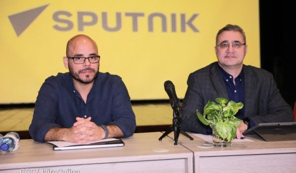 Daniel Edmundo Ortega Murillo con Oleg Vyazminito, director-del Buro Regional de la Agencia de Noticias Sputnik en 2025