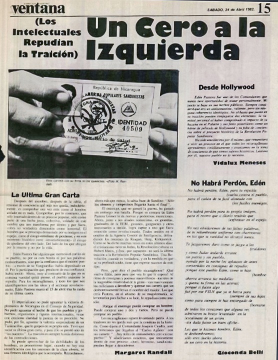 Publicación del suplemento Ventana, donde los intelectuales sandinistas repudian al Comandante Cero. LA PRENSA / ARCHIVO REDES
