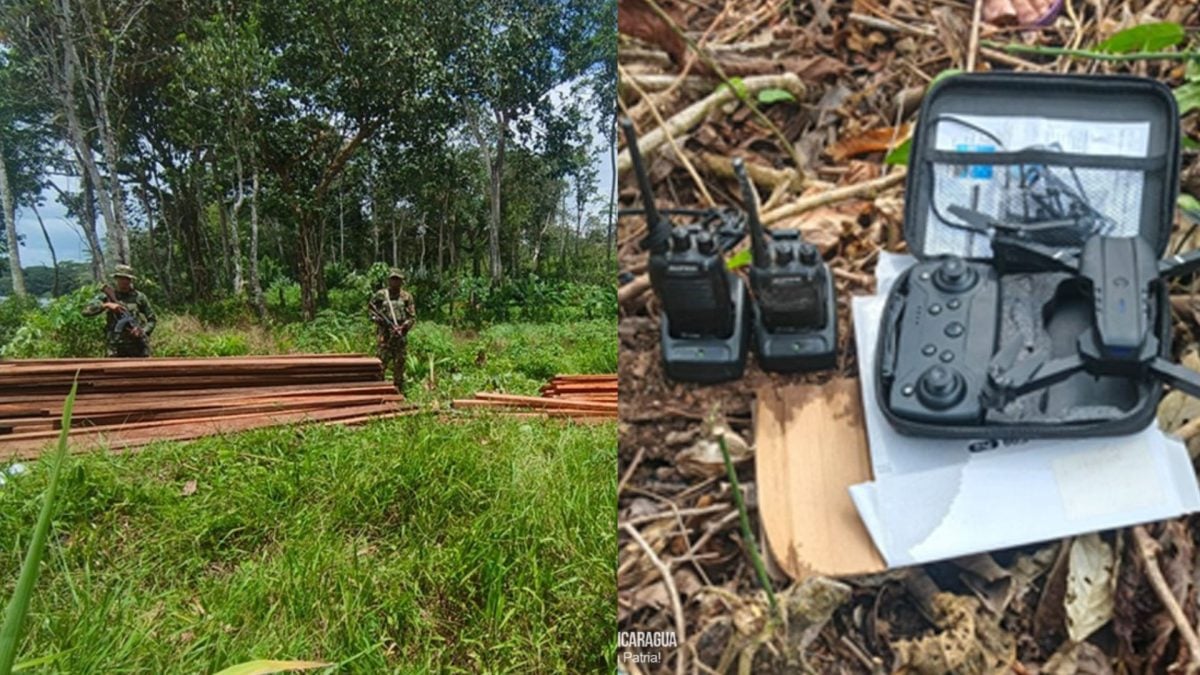 Madera, radios comunicadores y un dron fueron decomisados por el Ejército de Nicaragua. Foto: Ejército de Nicaragua.