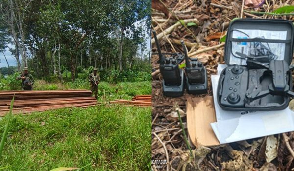 Madera, radios comunicadores y un dron fueron decomisados por el Ejército de Nicaragua. Foto: Ejército de Nicaragua.