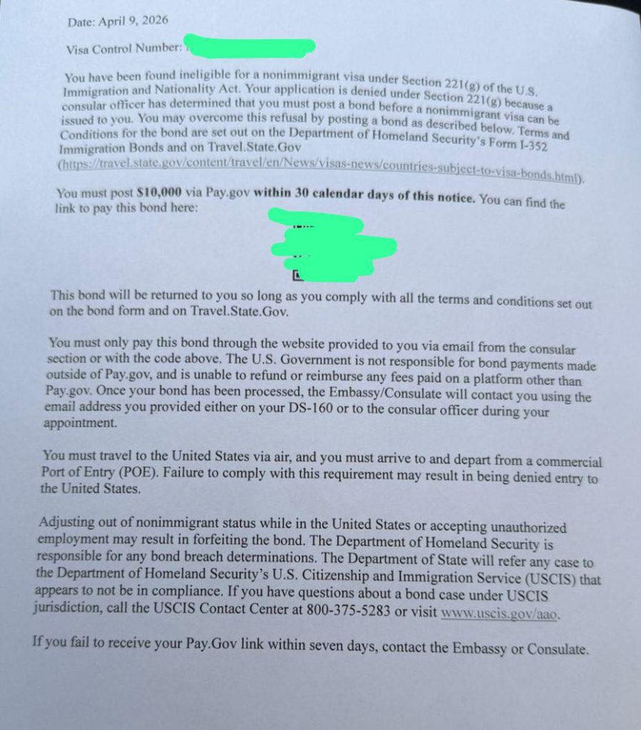 Ejemplo de documento que entrega la Embajada de EE. UU. tras la aprobación de visa con fianza. Foto: Cortesía