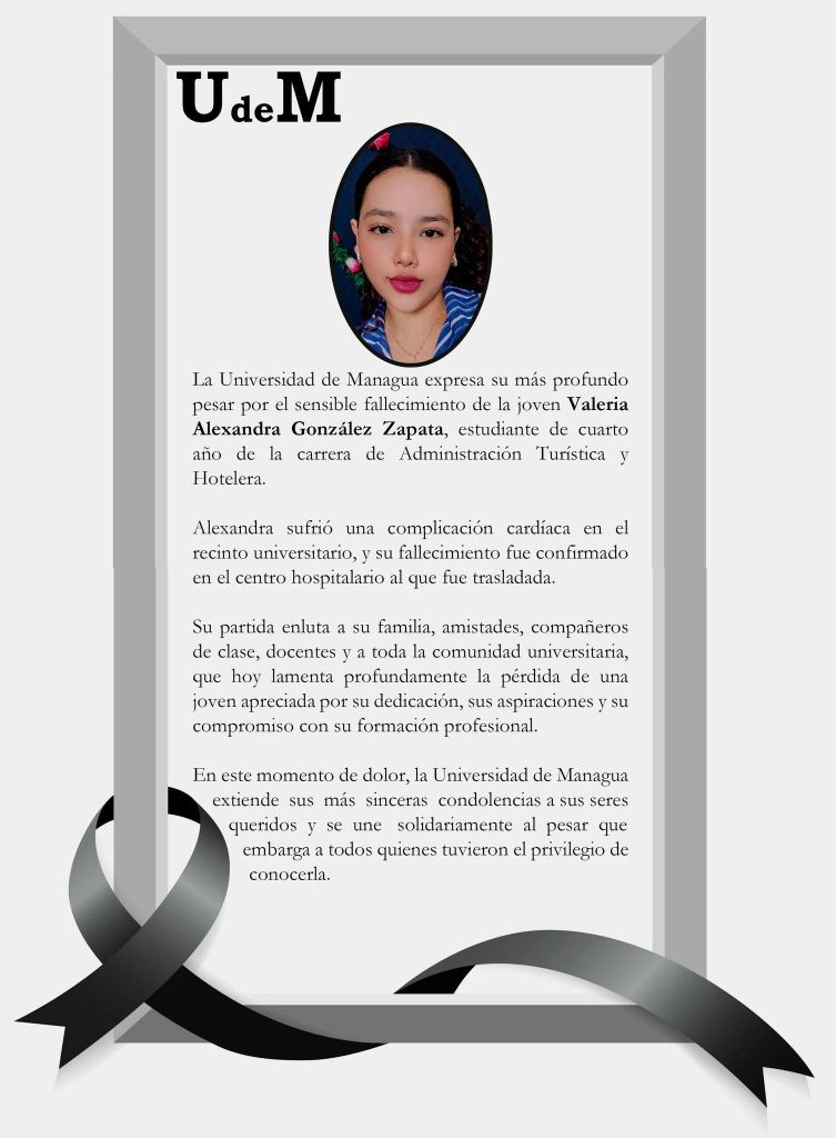 Nota de duelo emitido por la Universidad de Managua (UdeM). Foto tomada del Facebook de la universidad.