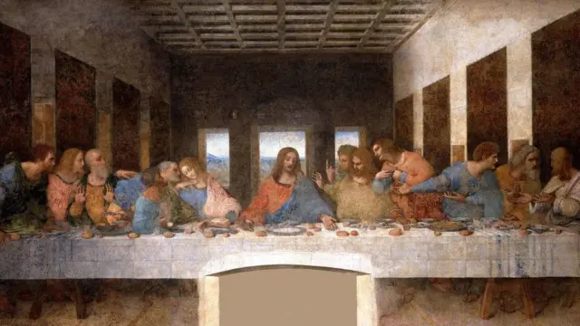 El mural de 4 metros y medio de "La última cena" con la figura de Jesús en medio.
