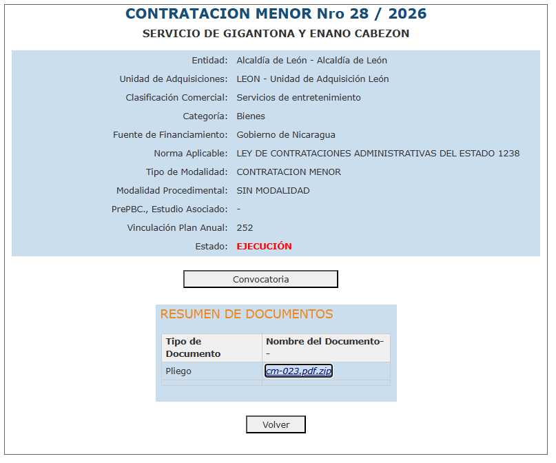 La contratación de gigantonas ya fue ejecutada por la Alcaldía de León, peor la comuna oculta a quién adjudicó el servicio y cuál fue el monto desembolsado. Foto: Captura de imagen SISCAE.