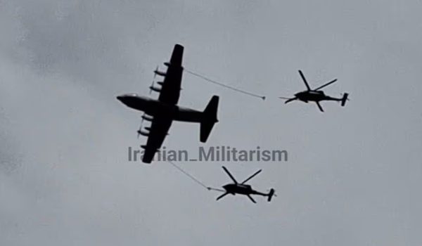 Imágenes tomadas en Irán que muestran helicópteros repostando. Fotografía: Medios estatales iraníes
