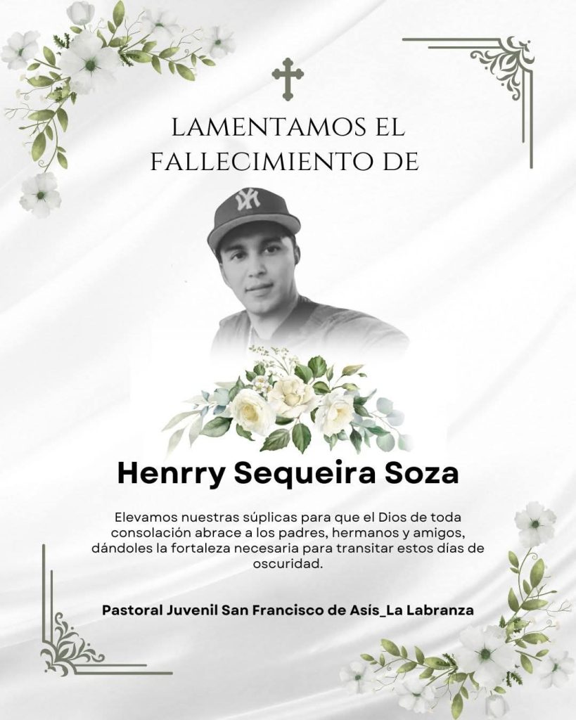 Nota luctuosa emitida por la Pastoral Juvenil San Francisco de Asís, de La Labranza, en Facebook