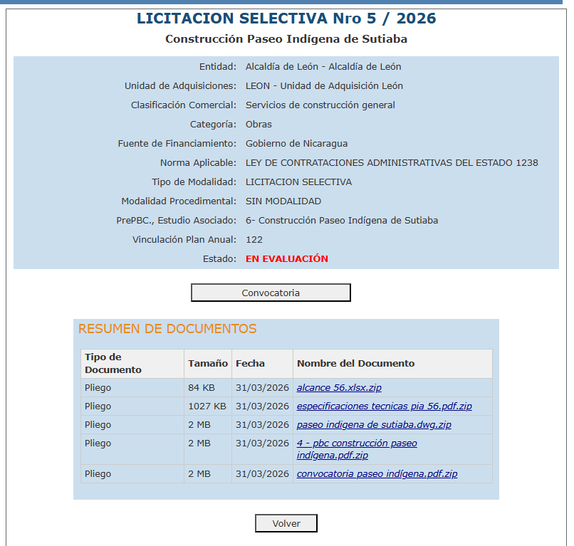 Licitación selectiva del proyecto de construcción de paseo turístico de Sutiaba en León. Foto: Captura de pantalla del Siscae/LAPRENSA