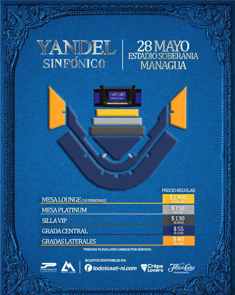 Este es el poster oficial de los precios de los boletos del concierto de Yandel en Nicaragua. @Premier Producciones Nicaragua/Facebook
