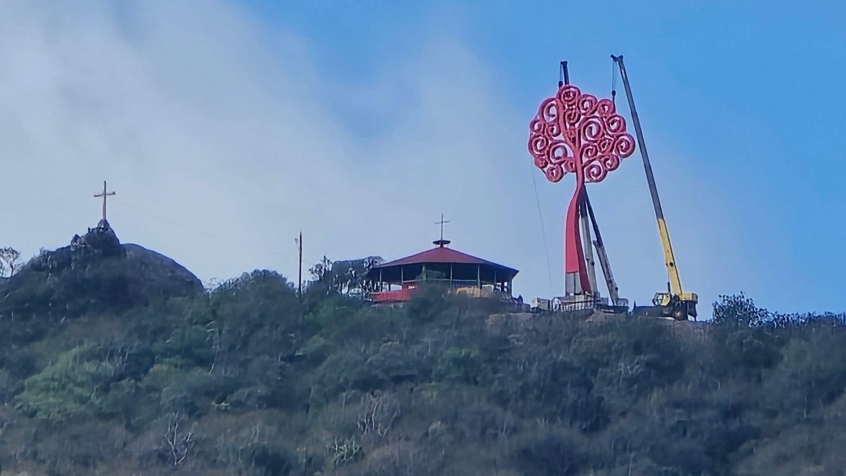 Dictadura orteguista ordena instalar un "árbol de la vida", mejor conocidos como "chayopalo" o "arbolata", junto a la Peña de la Cruz en Jinotega. Foto: Tomada de redes sociales.