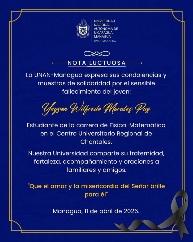 Nota luctuosa de la UNAN-Managua en Facebook. 