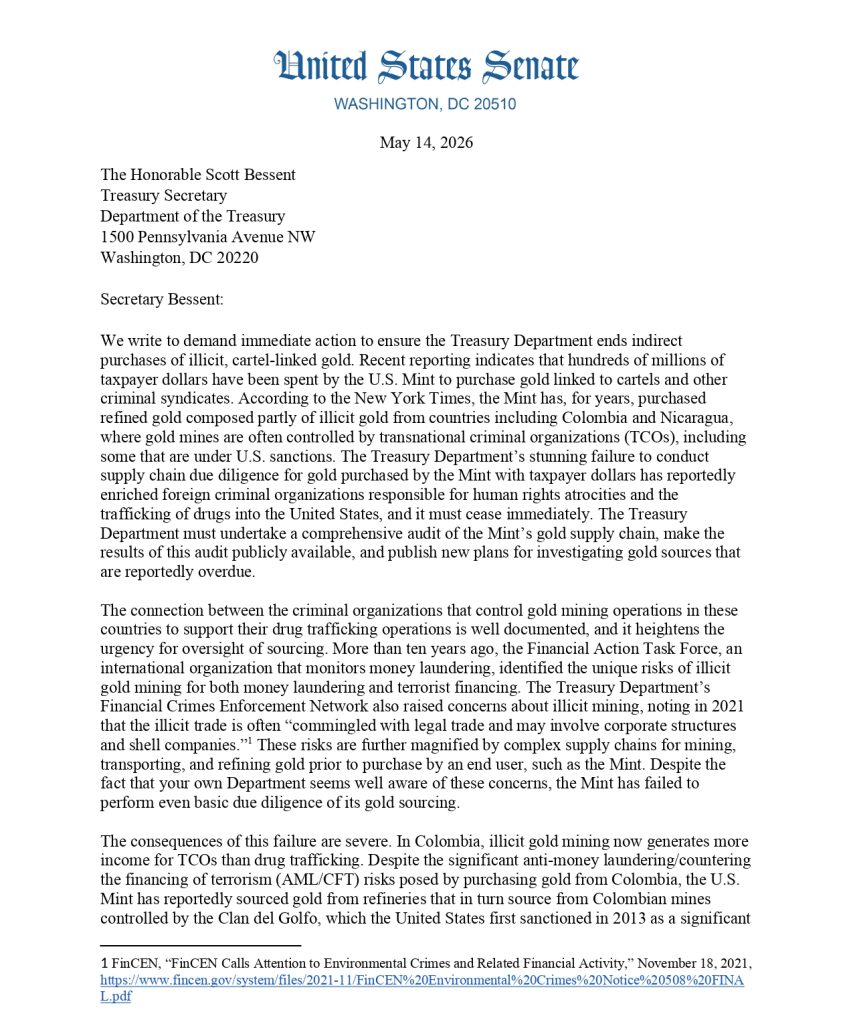 Carta de los senadores demócratas Ron Wyden y Elizabeth Ann Warren al Departamento del Tesoro