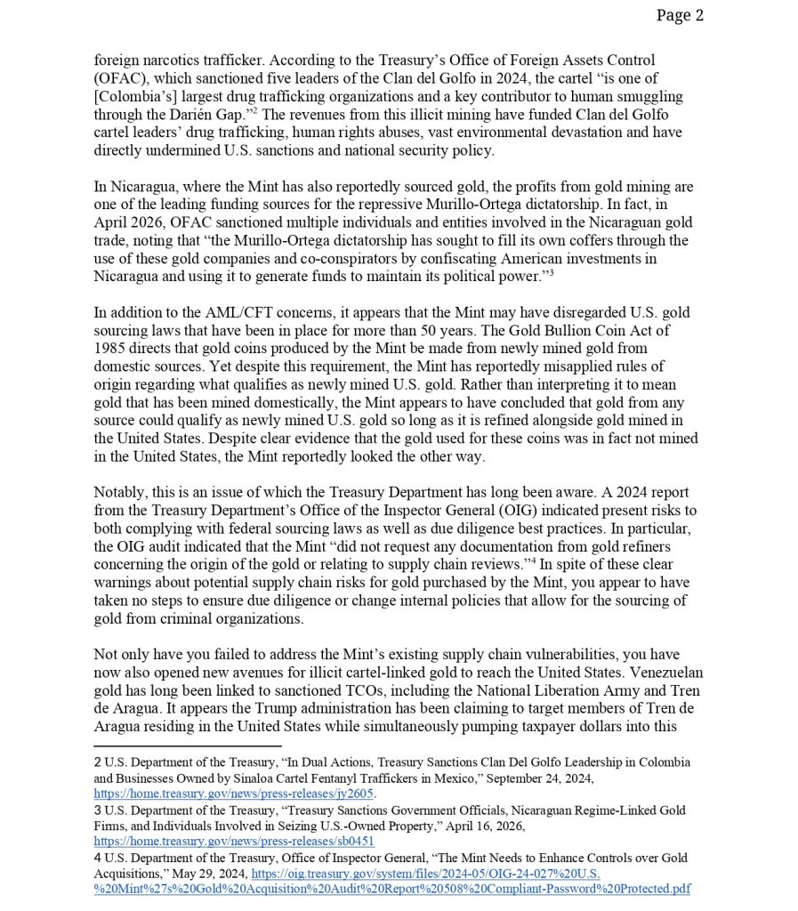 Carta de los senadores demócratas Ron Wyden y Elizabeth Ann Warren al Departamento del Tesoro