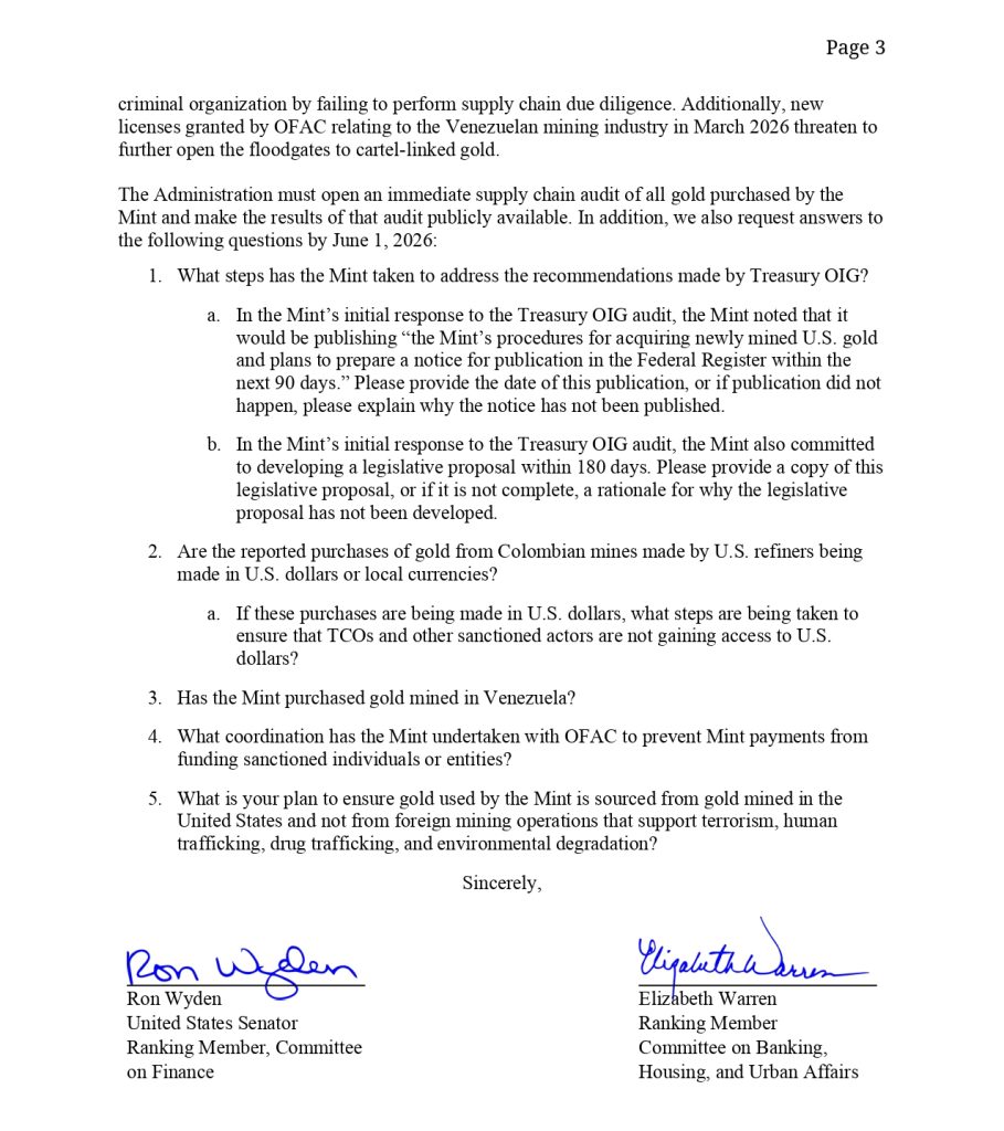Carta de los senadores demócratas Ron Wyden y Elizabeth Ann Warren al Departamento del Tesoro