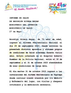 comunicado del Minsa y el MINT sobre el estado de salud de Brooklyn Rivera Brayan