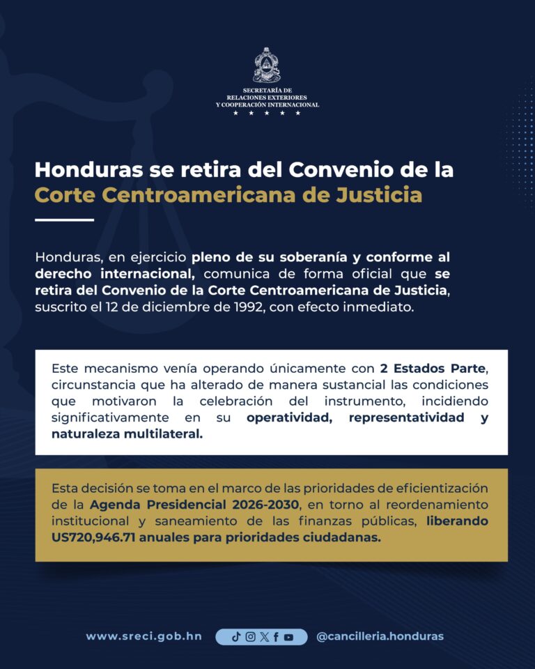 Comunicado emitido por la Secretaría de Relaciones Exteriores y Cooperación Internacional de Honduras sobre su retiro de la CCJ.