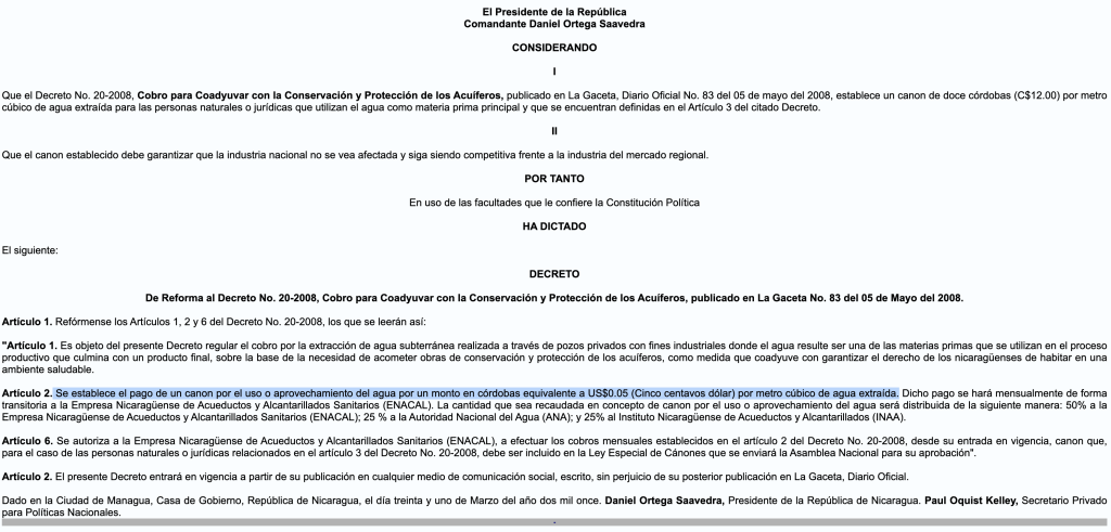 Decreto pago por cada metro cúbico de agua extraída