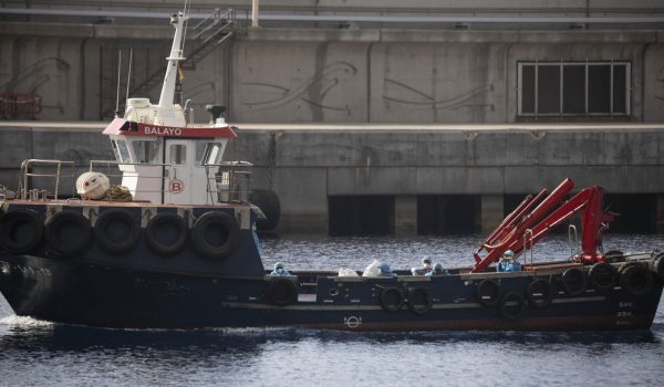 Los primeros catorce pasajeros que iban a bordo del crucero neerlandés MV Hondius han desembarcado ya en el puerto de Granadilla de Abona (Tenerife, España). EFE/Miguel Barreto