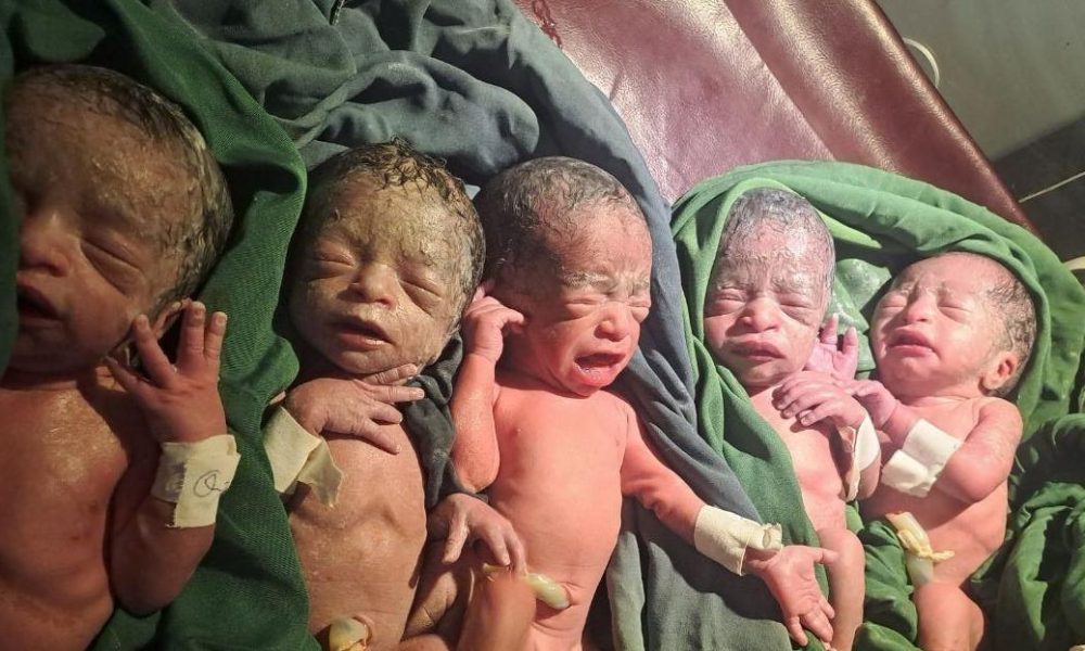 En el hospital, cinco bebés yacen sobre sábanas verdes, aún cubiertos con restos de su nacimiento. Naif, Ammar, Munzir, Nazira y Ansar, los "cinco bebés milagro".