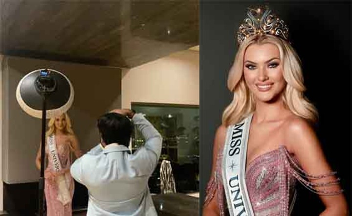 A la izquierda, Manu realizando los retratos oficiales de Victoria Kjær Theilvig, la danesa que fue coronada como Miss Universo 2024. A la derecha, uno de los retratos de Victoria Kjær Theilvig. LA PRENSA/ CORTESÍA
