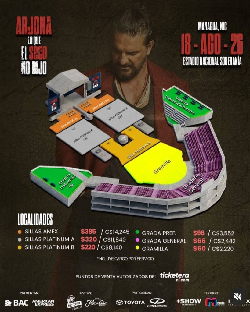 Detalle de los precios de boletos para el concierto de Ricardo Arjona en Nicaragua